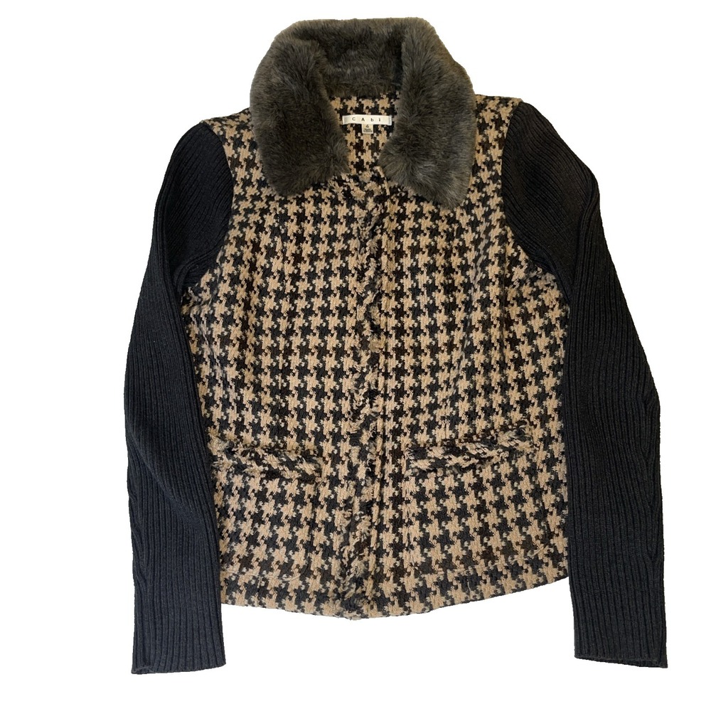 CABI Women's Sweater Jacket 4 Removable Fur Collar Tweed Brown Warm Cozy Knit